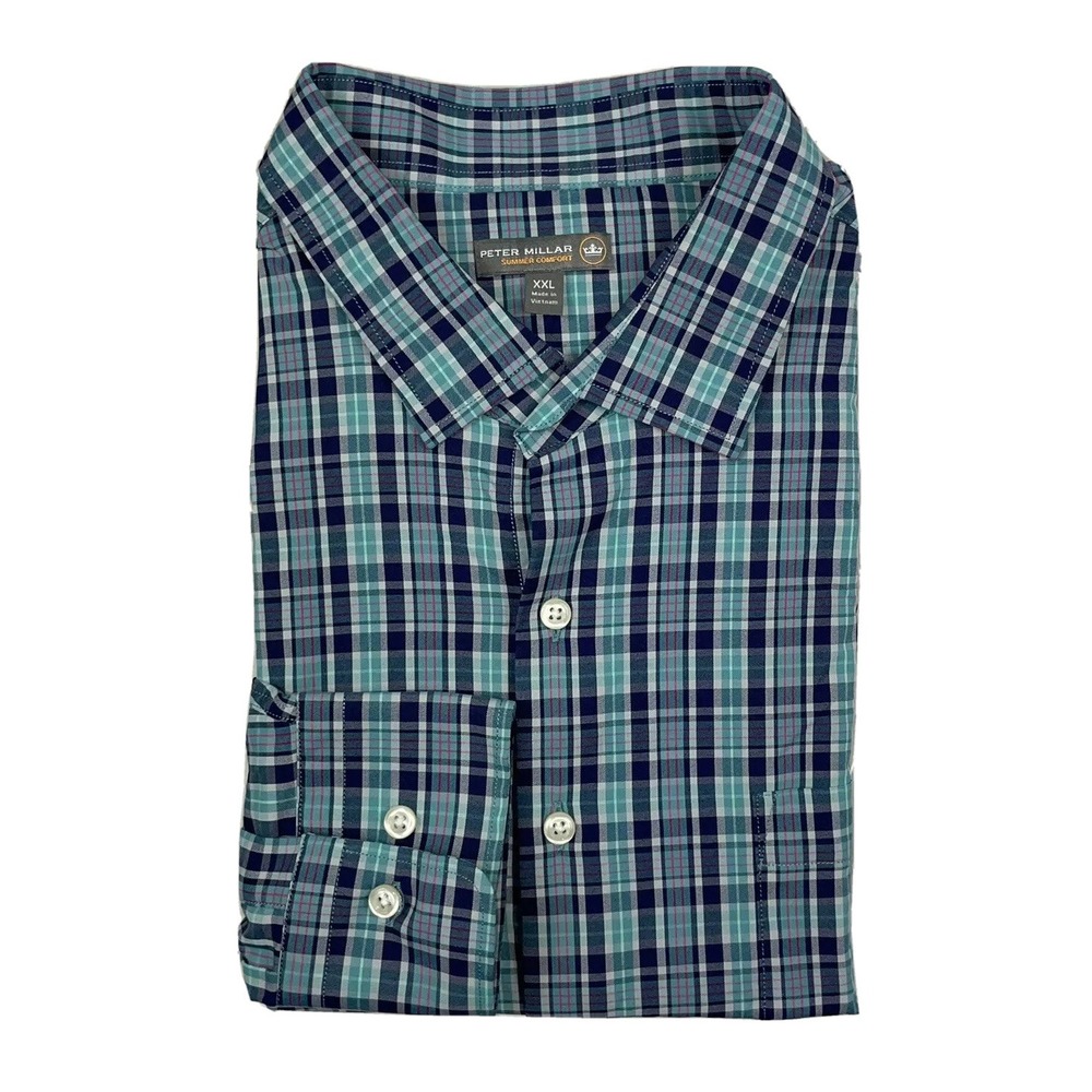 Peter Millar Summer Comfort Blue Teal Checked Mens Performance L/S Shirt 2XL